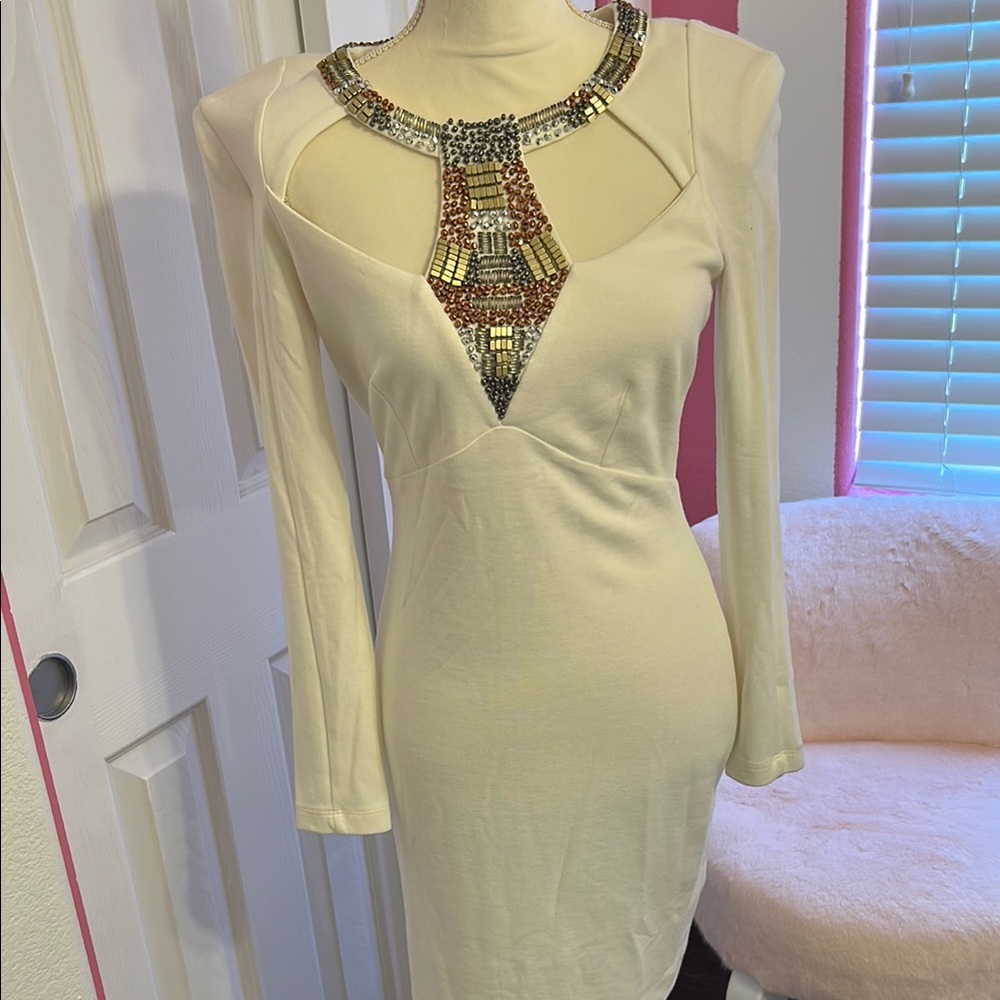 VENUS Cream Dress with Beaded Detail